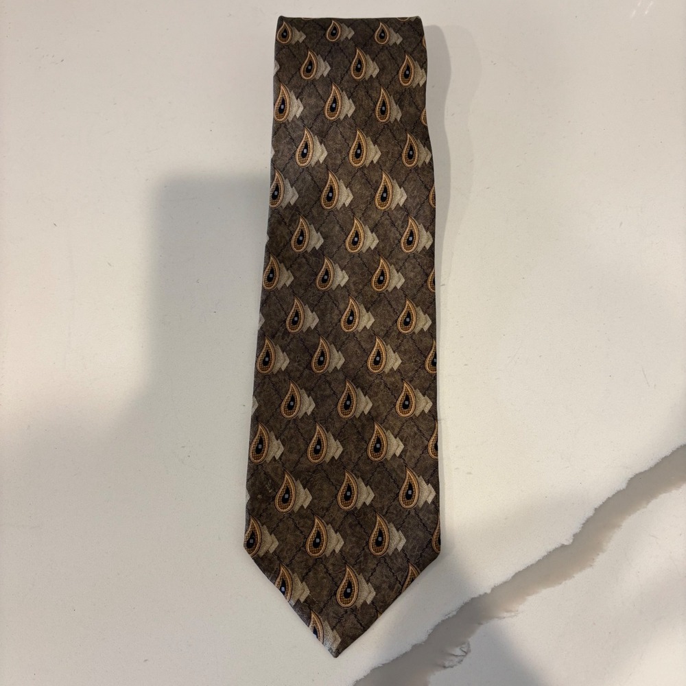 Robert Talbott Studio Mens Silk Tie Brown Gold Paisley Geometric Hand Sewn USA
